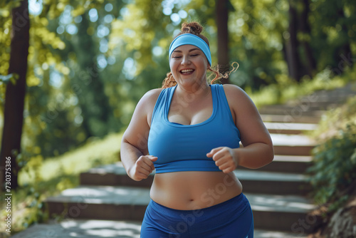 Happy smiling overweight woman jogging in park in summer. Portrait of cheerful beautiful fat plump chubby stout young lady in blue sports bra and sweatband running down stone steps in green city park © wolfhound911