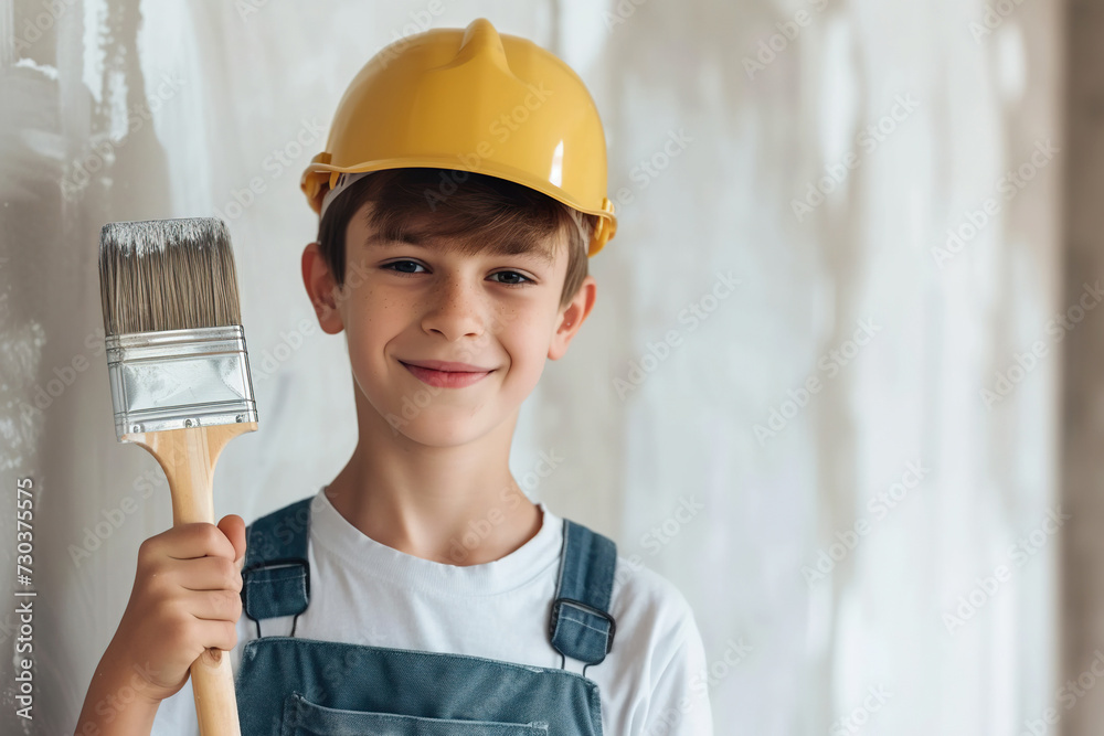 Happy young boy confidently holding a painting brush during home renovation Happy young boy confidently holding a painting brush during home renovation