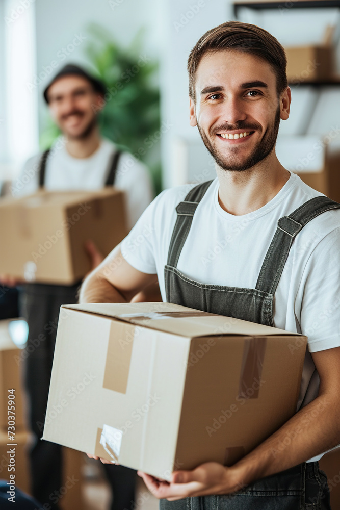Portrait of a two young male happy smiling employee of moving service in overall standing in the living room of new house holding cardboard boxes in hands and looking cheerful at camera