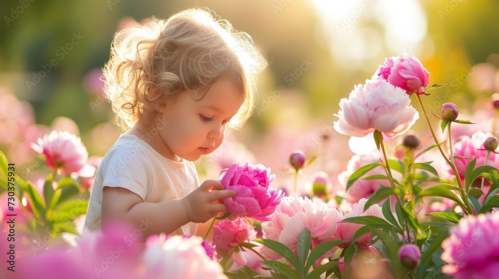 A little girl standing in a field of pink flowers A little girl standing in a field of pink flowers