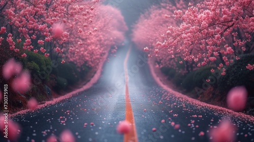 A road lined with lots of pink flowers #730375903