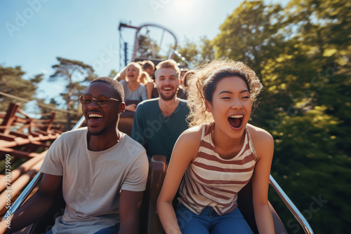 Smiling mixed race young people riding a roller coaster © wolfhound911