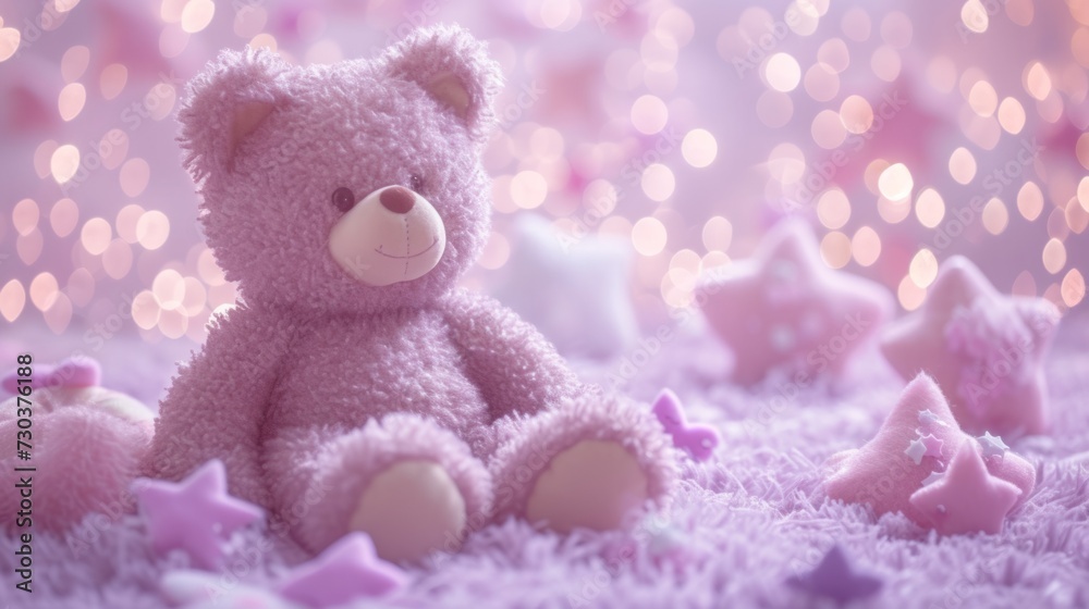 A teddy bear sitting on top of a purple blanket A teddy bear sitting on top of a purple blanket