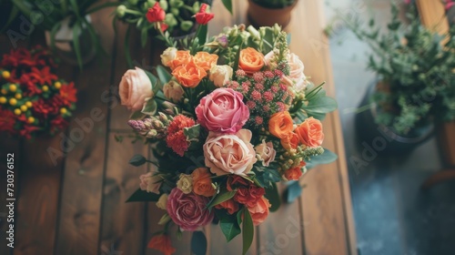A bouquet of flowers sitting on top of a wooden table