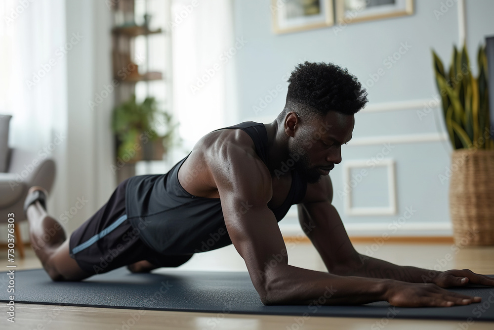 Fototapeta premium Young attractive sporty African American man doing push-up or plank sport exercises lying on yoga mat on the floor in the living room at home.