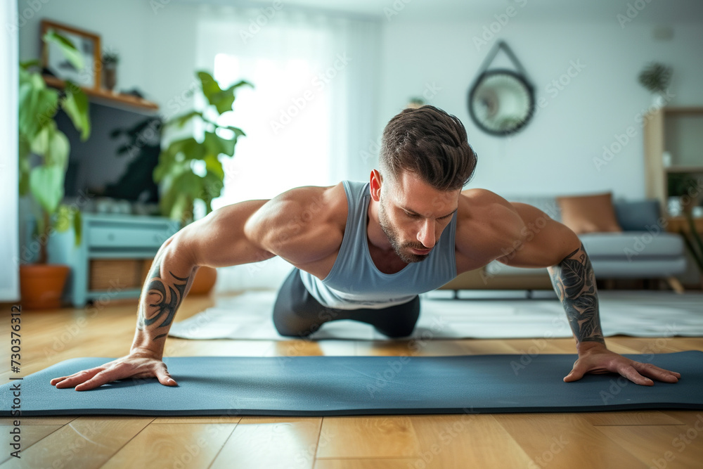 Young attractive sporty man doing push-up or plank sport exercises lying on yoga mat on the floor in the living room at home. Fitness, workout and home training concept Young attractive sporty man doing push-up or plank sport exercises lying on yoga mat on the floor in the living room at home. Fitness, workout and home training concept