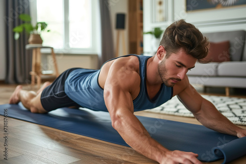 Young attractive sporty man doing push-up or plank sport exercises lying on yoga mat on the floor in the living room at home. Fitness, workout and home training concept photo