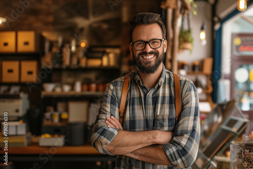 Small business owner testimonial, Young person on casual wear in a creative coffee shop, young man standing with his arms crossed, Portrait of a cozy cafe owner smiling and happily standing