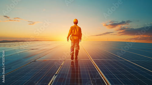 picture of worker with hat and uniform walking on solar panels that can be use for green tech and ecology topics