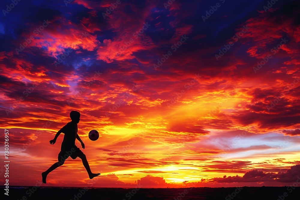 Silhouette of a soccer player against a stunning sunset sky. Boy kicks a ball with colorful background. Athlete futbol player at dusk.