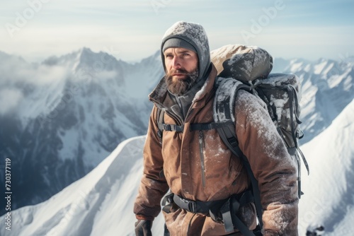 Portrait of a lone traveler with a backpack on a sun-drenched snow-capped peak, an adventurer reveling in the mountain's beauty.