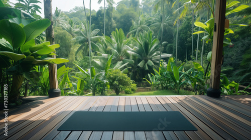 Yoga Mat on Wooden Deck in Front of tropical Forest