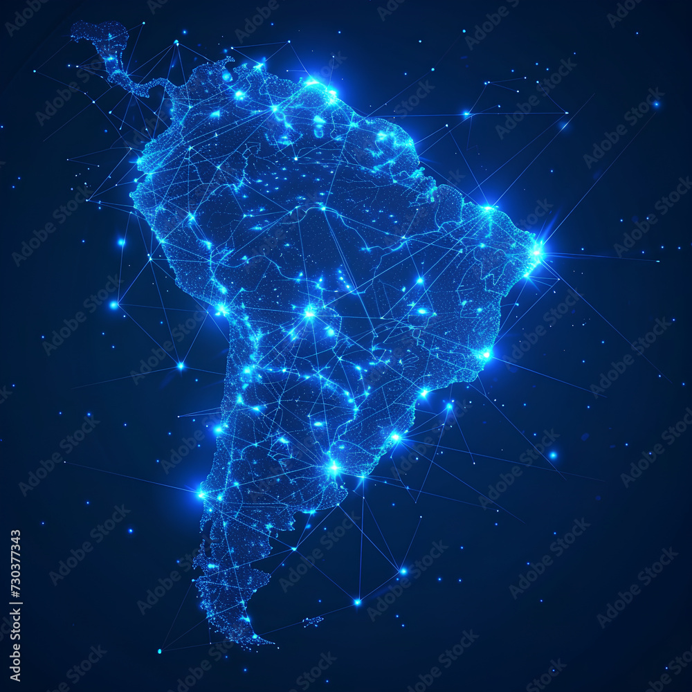 Abstract digital map of South America, South American global network concept and connectivity, data transfer and cyber technology, information exchange and telecommunications. - obrazy, fototapety, plakaty 