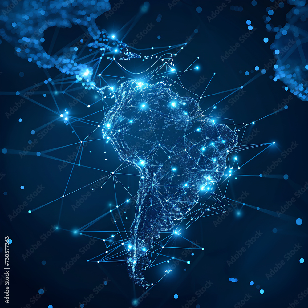 Abstract digital map of South America, South American global network concept and connectivity, data transfer and cyber technology, information exchange and telecommunications. Abstract digital map of South America, South American global network concept and connectivity, data transfer and cyber technology, information exchange and telecommunications.