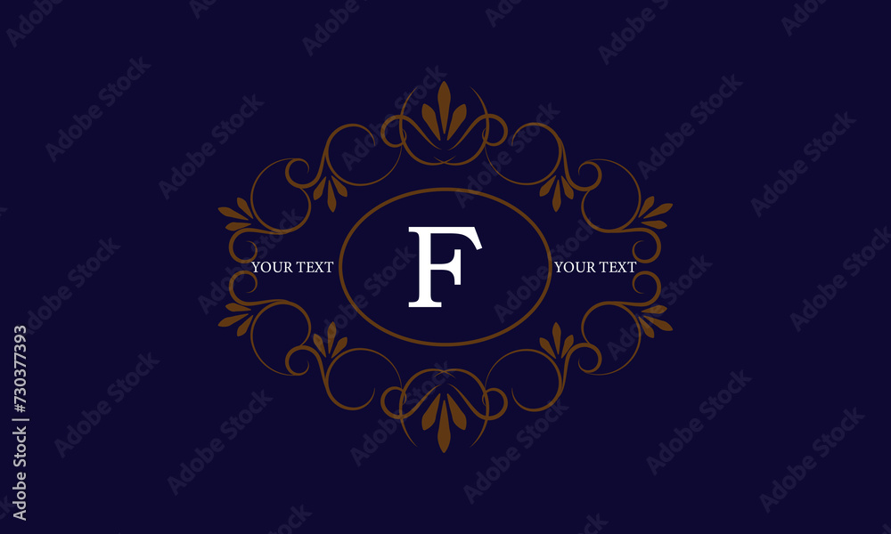 Logo template with monogram element and letter F in the center. Sophisticated ornament for restaurant, club, boutique, cafe, hotel cards. Vector illustration