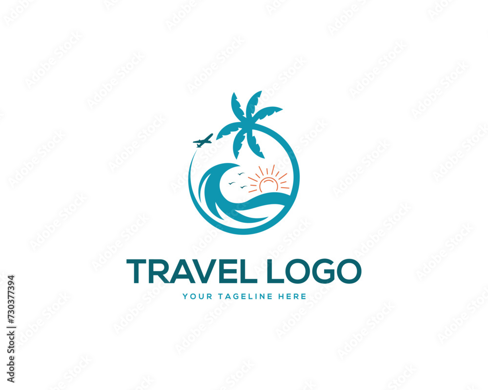 Palm tree with beach and holiday travel logo design icon vector template.