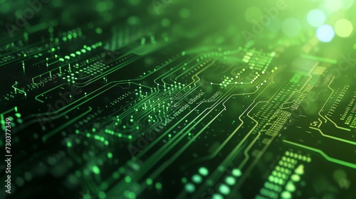 Neon green data streaming in computer motherboard circuit chip. Network technology internet concept wallpaper. Matrix design.
