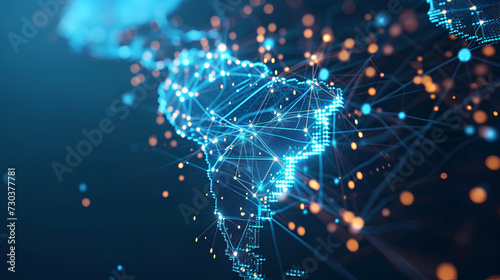 Abstract digital map of South America, South American global network concept and connectivity, data transfer and cyber technology, information exchange and telecommunications.