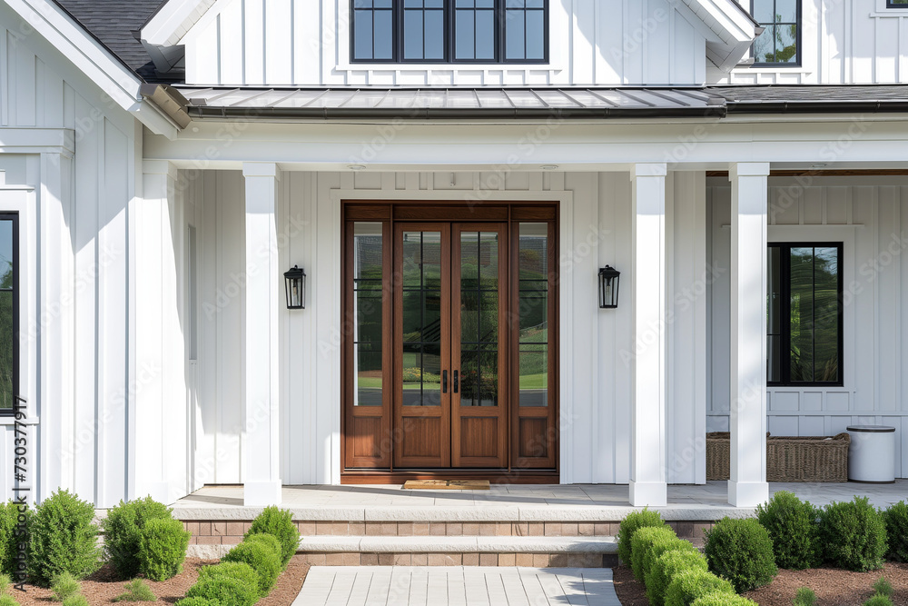 A front door detail of a white modern farmhouse with a wooden front door and a covered porch. - obrazy, fototapety, plakaty 