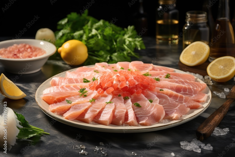 Salmon cut into pieces served with lemon for added freshness. Salmon cut into pieces served with lemon for added freshness.