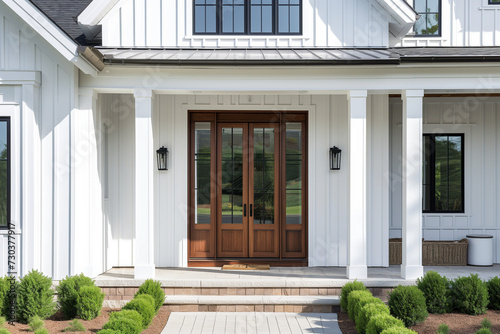 Photo A front door detail of a white modern farmhouse with a wooden front door and a covered porch