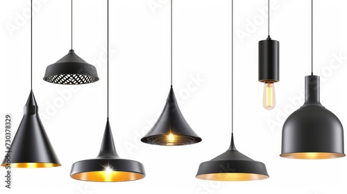 Vector illustration of metal pendant lamp shades in various shapes and sizes, all in black color. The lamps are isolated on a white background photo