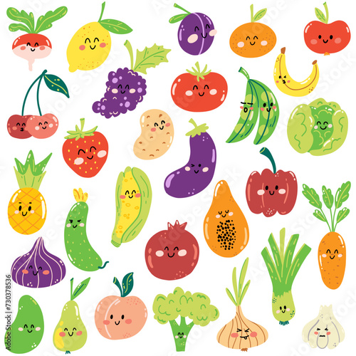 Fototapeta Naklejka Na Ścianę i Meble -  Set of hand drawn cute fruits and vegetables in kawaii style. Healthy fresh food full of vitamins, funny kids characters