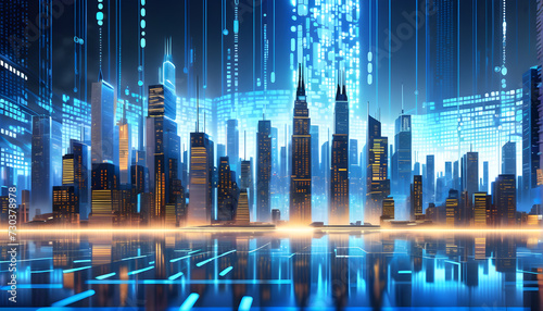 Futuristic smart city with digital binary data abstract background 