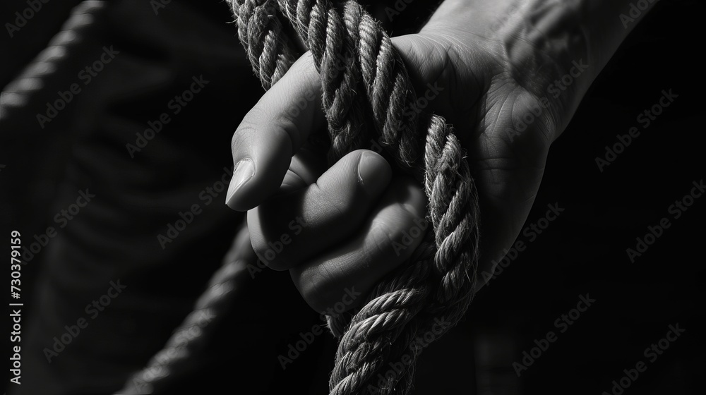 A close-up image capturing a human hand firmly gripping a rope - obrazy, fototapety, plakaty 