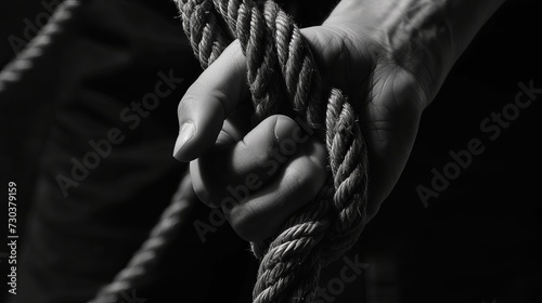 A close-up image capturing a human hand firmly gripping a rope photo