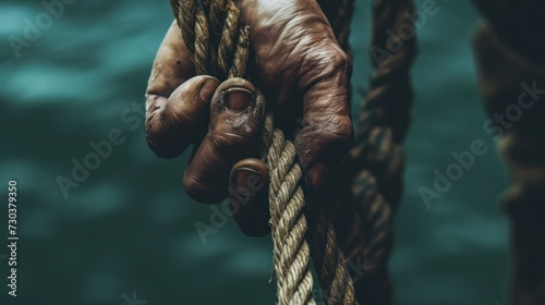A close-up image capturing a human hand firmly gripping a rope