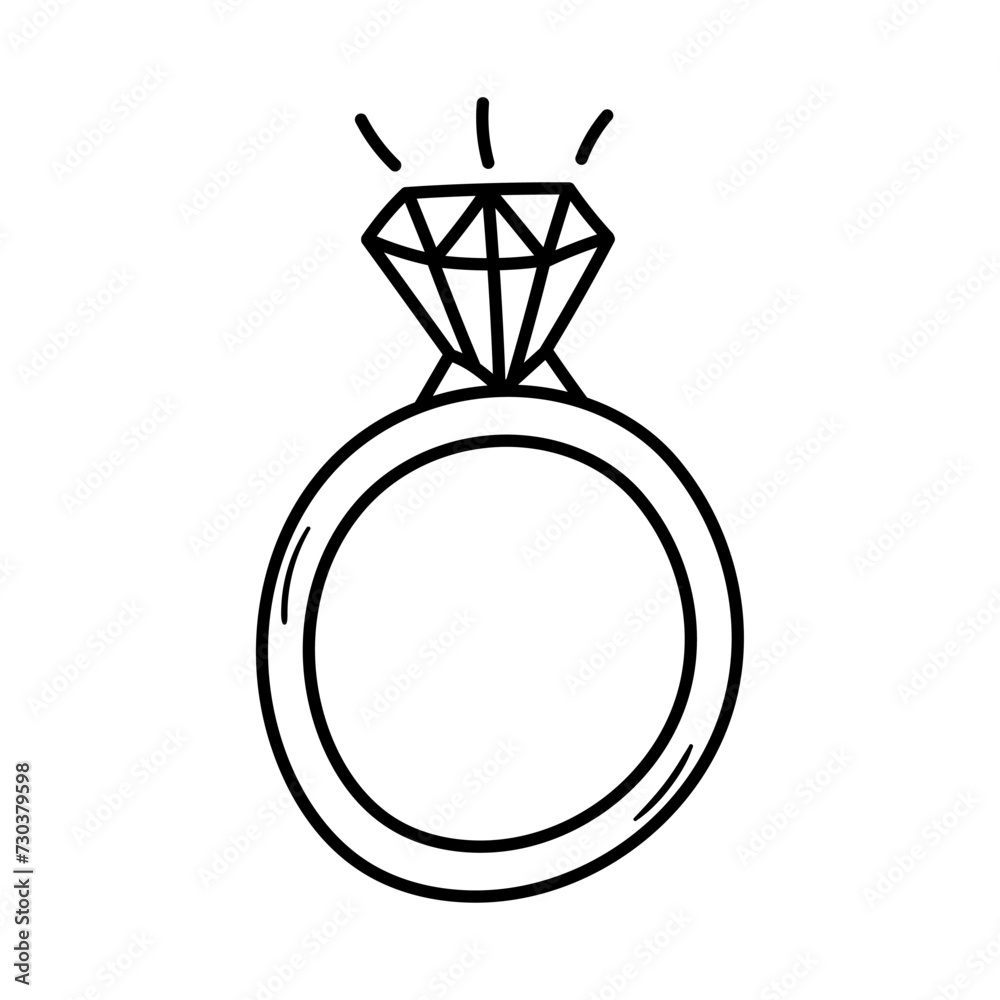 Wedding ring with diamond vector icon in doodle style. Symbol in simple design. Cartoon object hand drawn isolated on white background. Wedding ring with diamond vector icon in doodle style. Symbol in simple design. Cartoon object hand drawn isolated on white background.