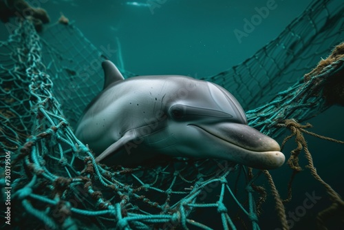 A dolphin caught in a fishing net. © Bargais