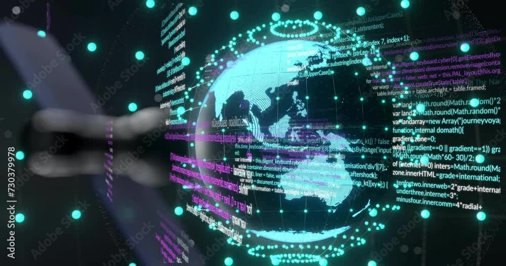 Animation of globe and data processing over dark background Animation of globe and data processing over dark background