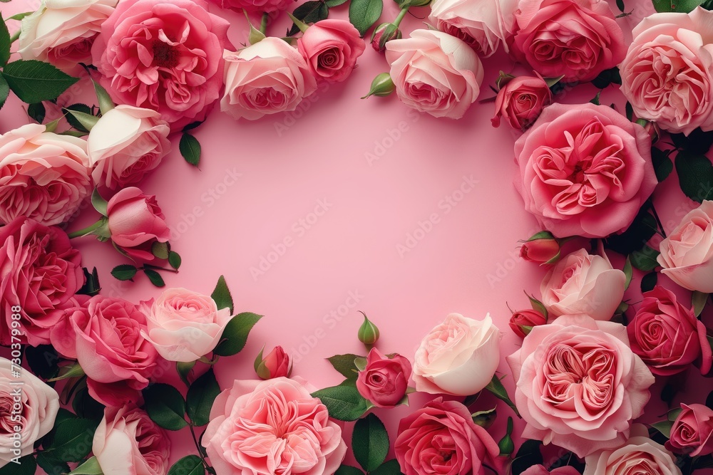 Pink and beige roses laid out in flat lay on a beige background with space for text in the center