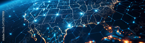 Abstract digital map of the Americas, American global network concept and connectivity, data transfer and cyber technology, information exchange and telecommunications. EE.UU.