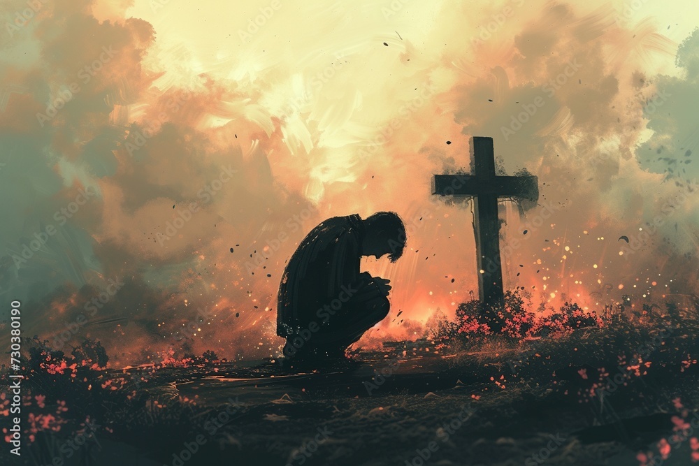 Man praying in front of a cross. - obrazy, fototapety, plakaty 