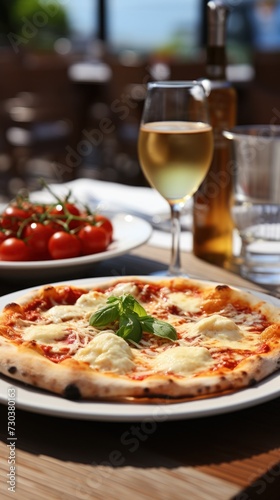 Freshly baked pizza on a sunny terrace with a glass of white wine, evoking leisurely dining