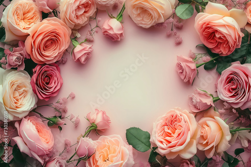 Pink orange and beige roses laid out in flat lay on a beige background with space for text in the center photo