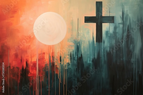Painting of christian cross at sunset, cityscape. photo