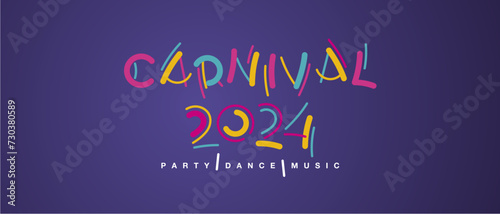 Carnival 2024 handwritten typography colorful logo party dance music purple background photo