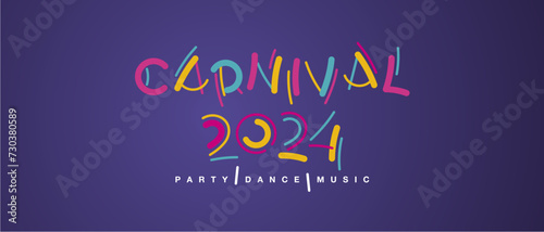 Carnival 2024 handwritten typography colorful logo party dance music purple background