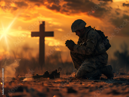 Christian soldier praying with cross in the background. Christian concept