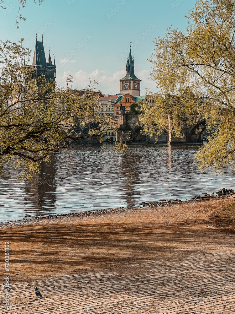 Bank of the Vltava river in Prague, sunny spring day