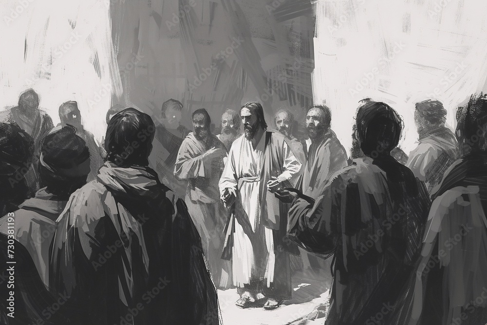 Jesus teaches people, people stand around Him. Black and white illustration. Jesus teaches people, people stand around Him. Black and white illustration.
