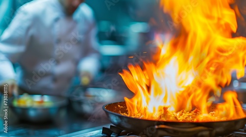 A skilled chef expertly uses a fiery wok to create a sizzling and mouth-watering dish in a bustling kitchen, surrounded by the warmth and energy of the stove