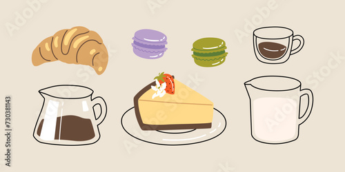 Vector hand painted cafe tasty pastry desserts and coffee illustration Cute flat simple hand drawn icon collection