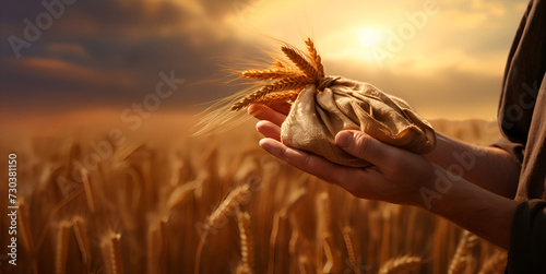 The male hands holding a ripe wheat sack pour out of it, with a blurry backdrop of sunset sun.