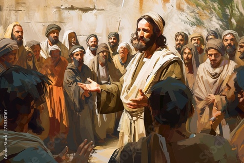 Jesus teaches people, people stand around Him.