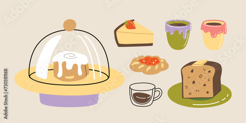 Vector hand painted cafe tasty pastry desserts and coffee illustration Cute flat simple hand drawn icon collection